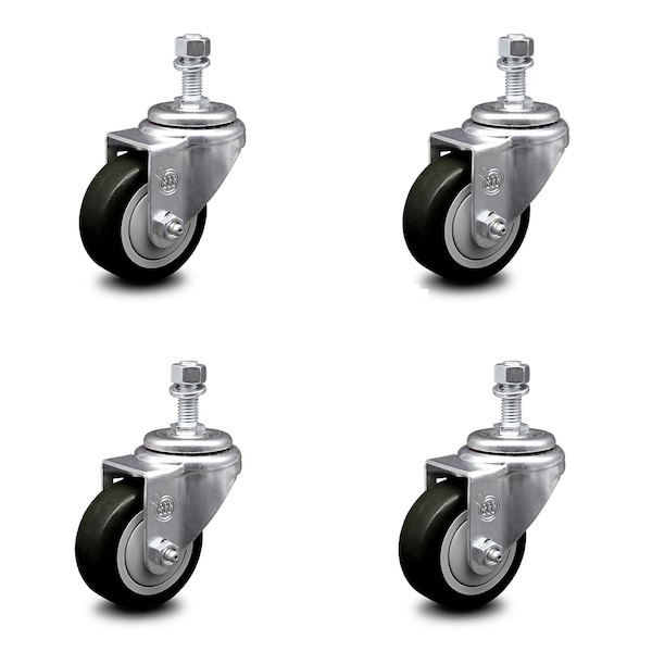 3 Inch Black Polyurethane Wheel Swivel 12mm Threaded Stem Caster Set SCC